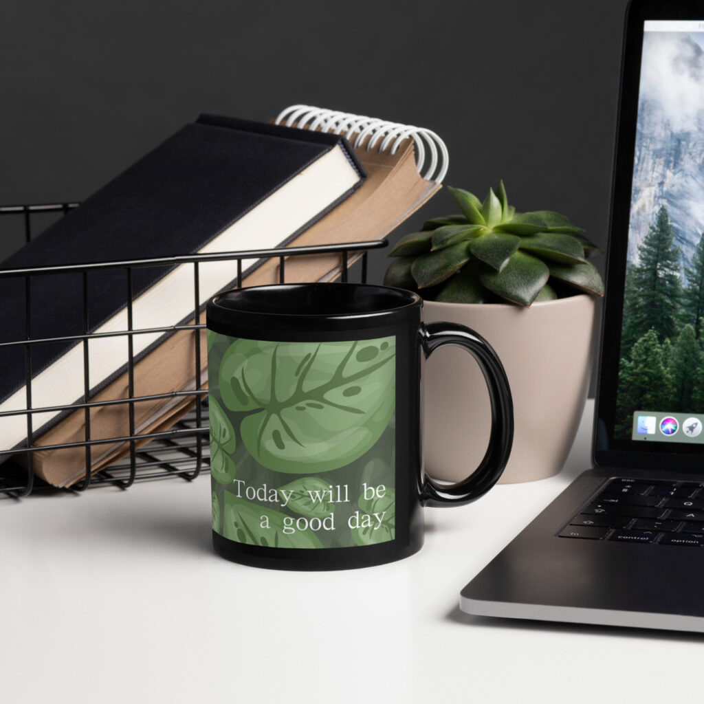 Taza negra brillante Rana Verde