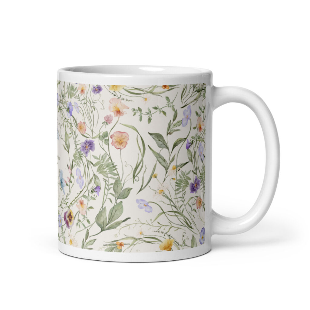 Taza blanca brillante Vintage Bloom